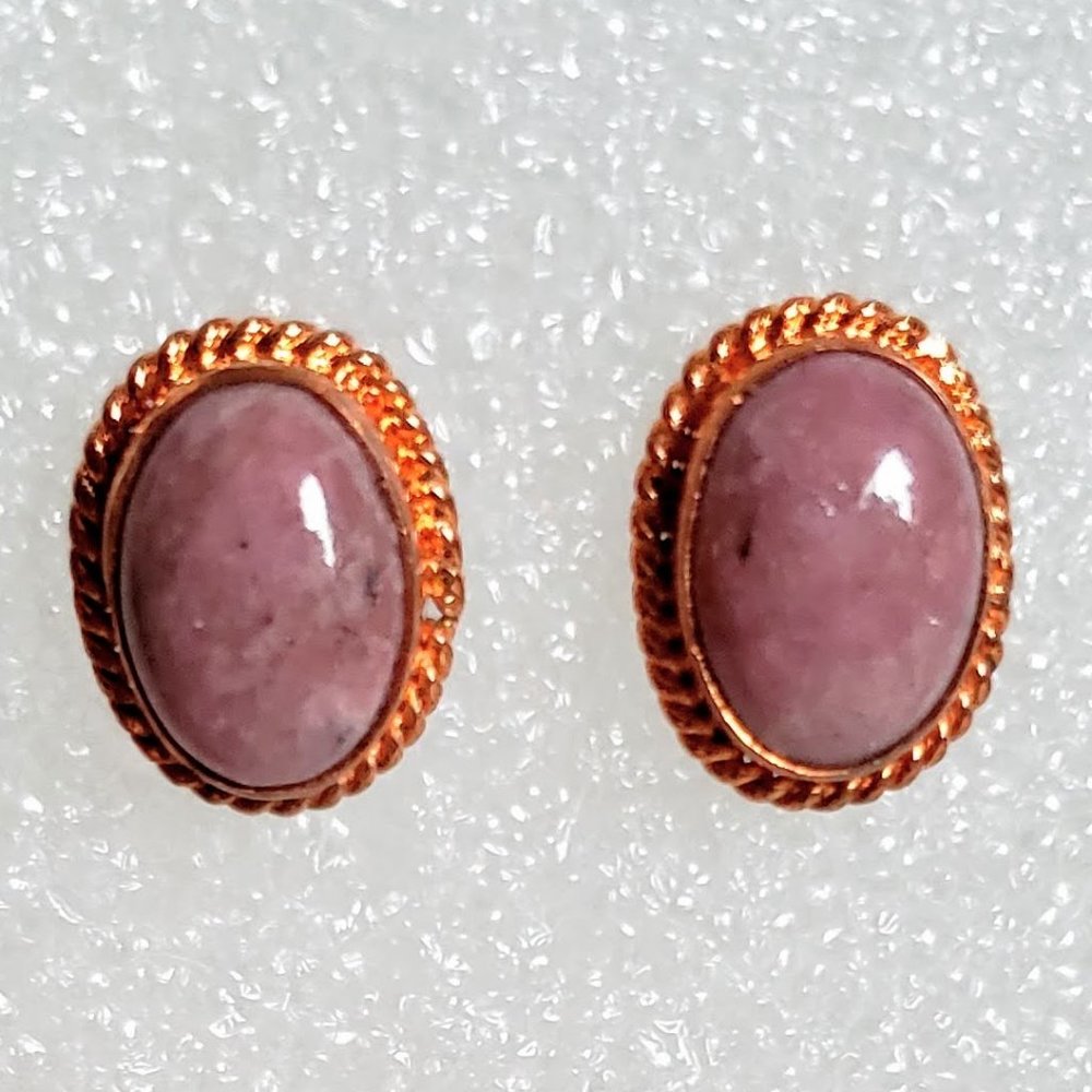 RARE Set in Copper Natural RHODONITE EARRINGS WESTERN Pink Stone Stud Posts